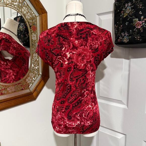 VTG Y2K Susan Lawrence Red & Black Floral Paisley Romantic Slinky Vampy Top S - Picture 5 of 8